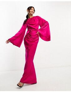 ASOS DESIGN - Vestito lungo in raso arricciato rosa acceso con maniche lunghe