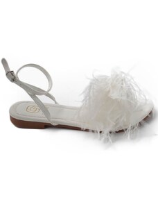 Malu Shoes Pantofoline donna sandalo basso bianco raso terra piume peluche con cinturino alla caviglia moda glamour