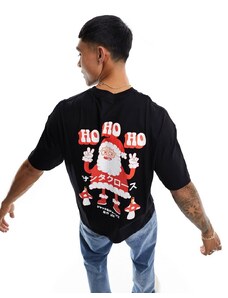 Jack & Jones - T-shirt oversize nera con stampa di Babbo Natale sul retro-Nero