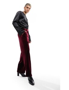 ASOS DESIGN - Pantaloni eleganti a fondo ampio in velluto bordeaux-Rosso