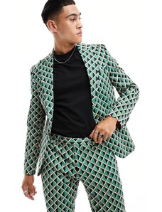 Twisted Tailor - Shadoff - Giacca da abito verde con stampa geometrica vintage