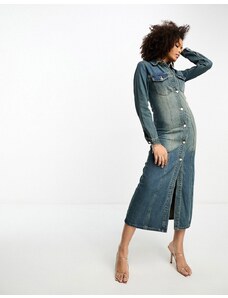 Glamorous - Vestito camicia midi attillato in denim lavaggio vintage-Blu