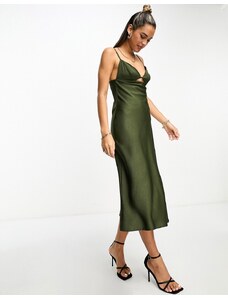 Lola May - Vestito con spalline sottili midi in raso kaki con cut-out-Verde