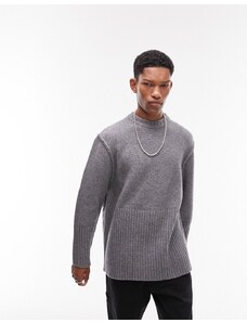 Topman - Maglione grigio a coste in lana d'agnello