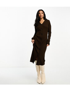 Threadbare Petite - Jasmine - Vestito midi in maglia a coste marrone cioccolato con bottoni