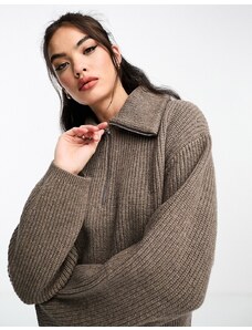 & Other Stories - Maglione color talpa in misto lana merino spesso a coste con zip corta-Neutro
