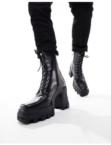 ASOS DESIGN - Stivali stringati con tacco in pelle sintetica nera con suola platform-Nero