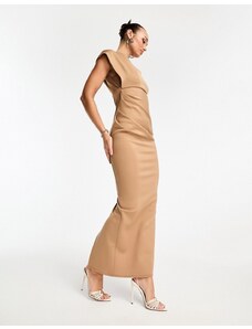 ASOS DESIGN - Vestito lungo asimmetrico accollato stile minimal color cammello-Neutro