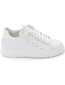 Malu Shoes Sneakers bassa uomo bianca in vera pelle riporto bianco e lacci in tinta fondo army alto 3,5 cm bianco made in italy