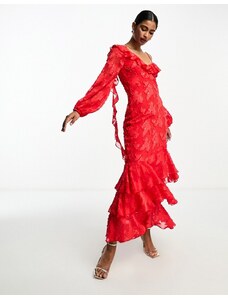ASOS DESIGN - Vestito lungo rosso acceso con volant e spalline sottili e motivo dévoré