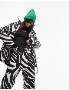 Topshop - Sno - Cappotto da sci zebrato con cintura e cappuccio in pelliccia sintetica-Multicolore