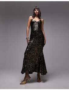 Topshop - Vestito lungo in paillettes nere e oro animalier-Nero