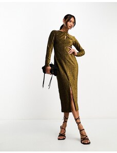 Closet London - Vestito midi oro a maniche lunghe metallizzato arricciato
