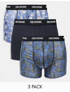 Only & Sons - Confezione da 3 paia di boxer aderenti a fiori blu navy