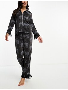 Chelsea Peers - Pigiama con pantaloni e top nero a coste con stampa di zebre metallizzate