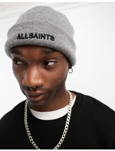 AllSaints - Underground - Berretto grigio in maglia con logo ricamato