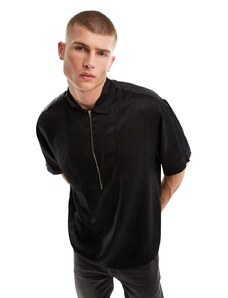 ASOS DESIGN - Camicia oversize squadrata con zip corta in raso nero lavaggio sabbia
