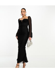 ASOS Tall ASOS DESIGN Tall - Vestito milkmaid midi nero con volant e dettaglio stile corsetto