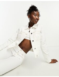 Love Moschino - Giacca di jeans taglio corto bianca con cuciture a forma di cuore in coordinato-Bianco