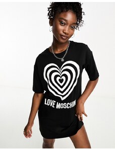 Love Moschino - Vestito T-shirt nero con stampa del logo e di cuore effetto illusione ottica