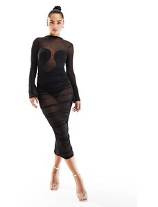 ASOS DESIGN - Vestito midi in rete arricciata nero con body ondulato