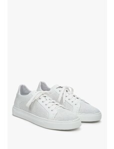Men's White Leather Low-Top Sneakers with Perforation for Summer Estro ER00109553