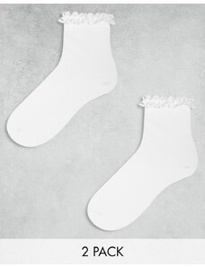ASOS DESIGN - Confezione da 2 paia di calzini bianchi con volant sulla caviglia-Bianco
