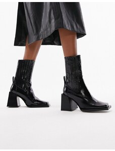 Topshop - Polly - Stivali con tacco neri in pelle premium con punta squadrata-Nero