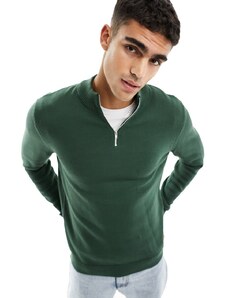 ASOS DESIGN - Maglione verde in cotone di media pesantezza con zip corta