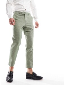 Harry Brown - Pantaloni da abito da cerimonia slim alla caviglia in tweed di misto lana verde con motivo a spina di pesce