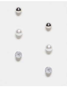 Pieces - Confezione da 3 paia di orecchini a bottone argentati e bianchi con strass e perle-Multicolore