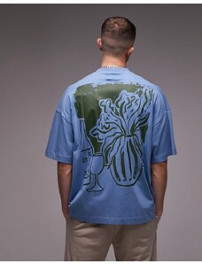 Topman - T-shirt super oversize blu con stampa di natura morta sul davanti e sul retro
