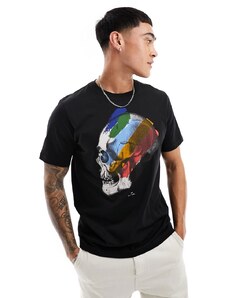PS Paul Smith - T-shirt nera con stampa a righe con teschio-Nero