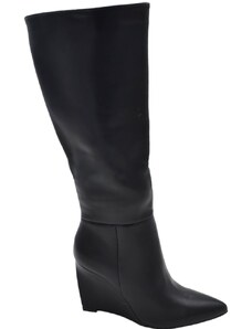 Malu Shoes Stivale donna al ginocchio in pelle nero a punta con zeppa comoda liscio tacco unito moda aderente