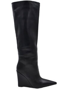 Malu Shoes Stivale donna al ginocchio in pelle nero a punta con zeppa alta liscio tacco unito moda aderente
