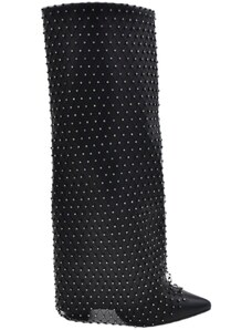 Malu Shoes Stivali donna nero al ginocchio punta con para risvolto pezzo di pelle e rete glitter tacco doppio shark liscio moda