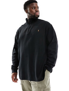 Polo Ralph Lauren Big & Tall - Icon - Felpa in maglia doppia jacquard nero mélange con zip corta e logo