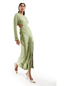 ASOS DESIGN - Vestito in raso verde oliva a maniche lunghe con cut-out in vita e gonna al polpaccio