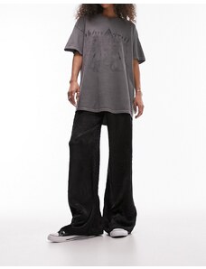 Topshop - Pantaloni con fondo ampio in raso nero stropicciati