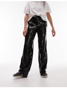 Topshop - Pantaloni a fondo ampio neri a vita bassa con paillettes-Nero