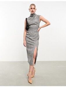 ASOS DESIGN - Vestito midi accollato grigio a quadri arricciato in vita-Multicolore