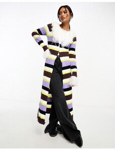 Annorlunda - Cardigan taglio lungo multicolore a righe con bordi in pelliccia sintetica