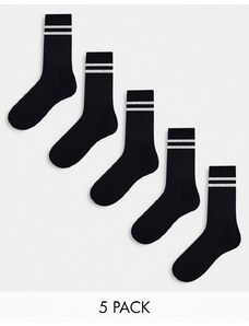 ASOS DESIGN - Confezione da 5 paia di calzini sportivi neri a righe bianche-Nero