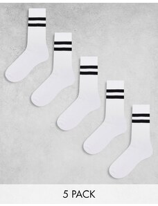 ASOS DESIGN - Confezione da 5 paia di calzini sportivi bianchi con righe nere-Bianco