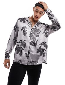 ASOS DESIGN - Camicia comoda con rever profondo color argento con stampa floreale jacquard