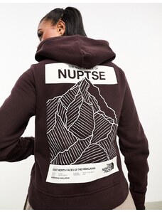 The North Face - Nuptse - Felpa con cappuccio corta marrone in pile con stampa sul retro