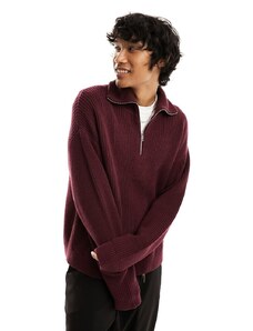 Weekday - Harry - Maglione bordeaux in misto lana con zip corta-Rosso