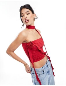 Simmi Clothing Simmi - Top rosso a fascia con collarino e decorazione floreale