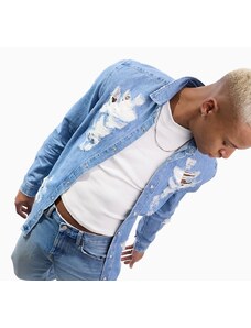 ASOS DESIGN - Camicia in denim oversize blu anni '90 con strappi vistosi