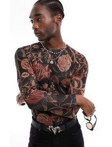 ASOS DESIGN - T-shirt attillata a maniche lunghe in rete con stampa floreale-Marrone